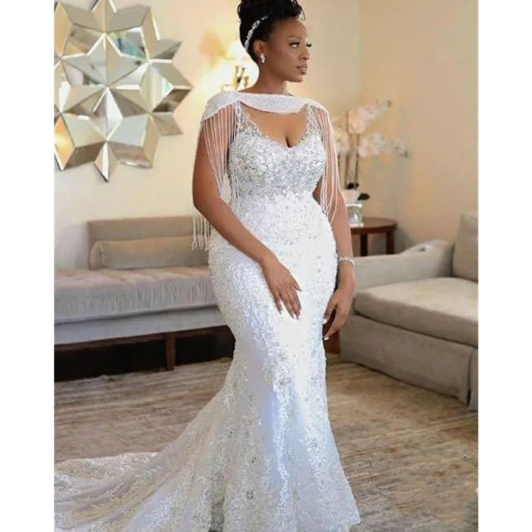 Dresses With African Shrug Tassels Beading Deep V Neck Mermaid Wedding Dress Plus Size Lace Bridal Vestidos De 2024 Custom Made estidos