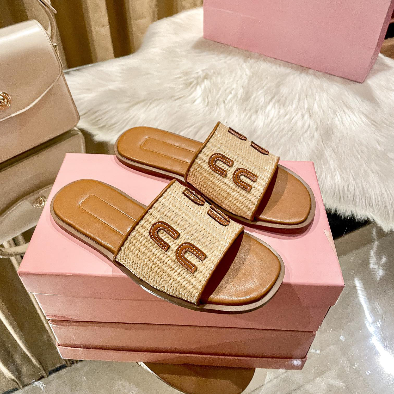 Designer Slippers women Slides Sandals flat slippers Raffia-effect woven fabric slides Sandal Heels flop flip slide luxury Womens mius shoes summer slipper sliders