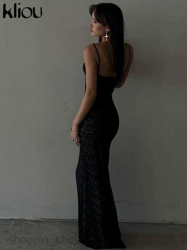 Basic Casual Dresses Kliou Mesh Hollow Out Maxi Dress Women Hipster Elegant Strap Body-shaping Trend Robe Female High Street Party Vestido