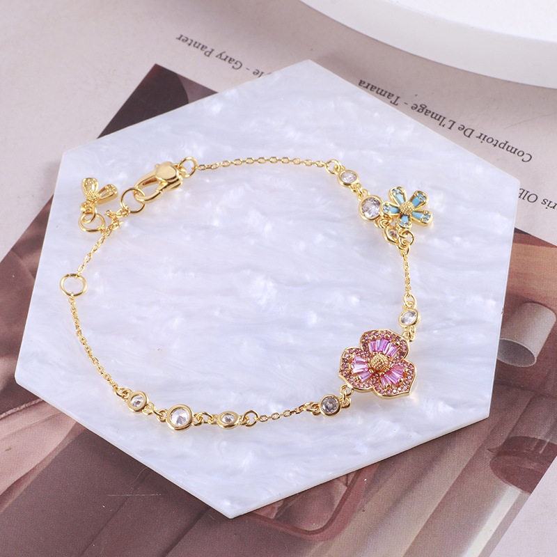 Luxury Brand Designer KS Colorful Diamonds Flower Jewelry Sets Fashion Sweet and Fresh Necklace Earrings Bracelet Brass Cute Small Flower Jewelry for Women