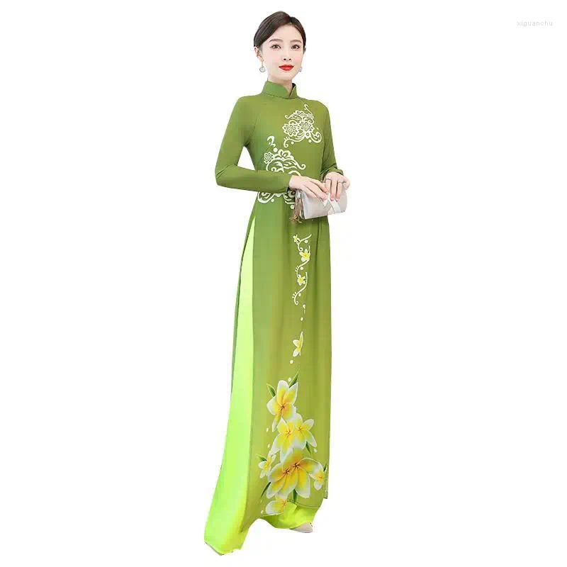 Ethnic Clothing 2024 Women Traditional Dress Vieam Ao Dai Cheongsam Dresses Green Aodai Suit Elegant Party