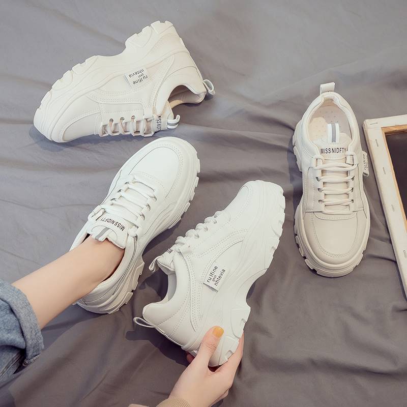 Classical Women Casual Sneakers Lether Elevator Shoes Lace-Up Platform Shoe