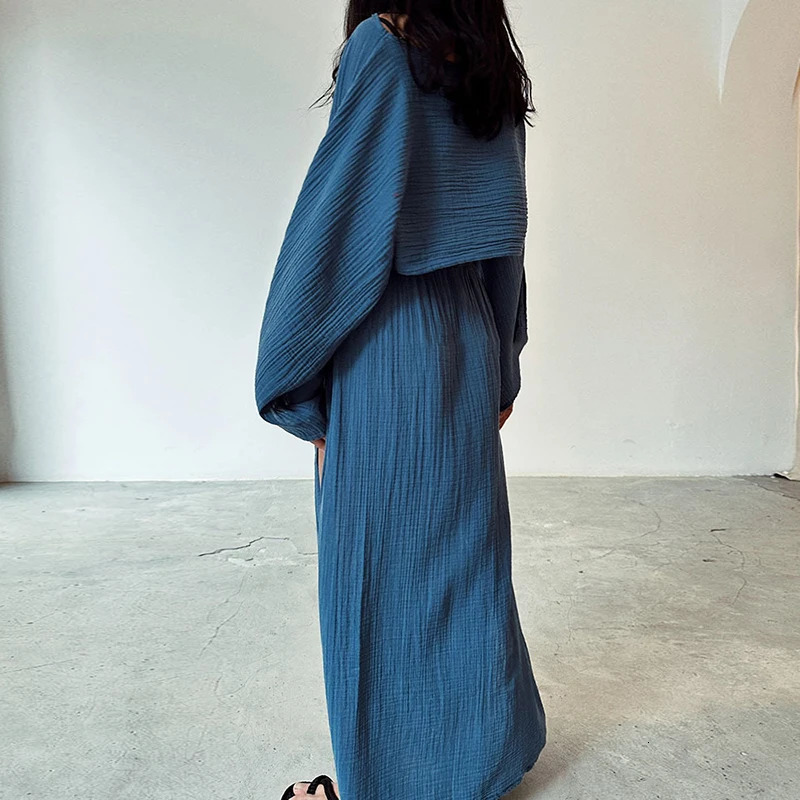 Casual Solid Cotton Linen 2 Piece Sets Spring O Neck Crop Top High Waist Slit Women Skirt Outfit Summer Flare Sleeve Hollow Suit 240618