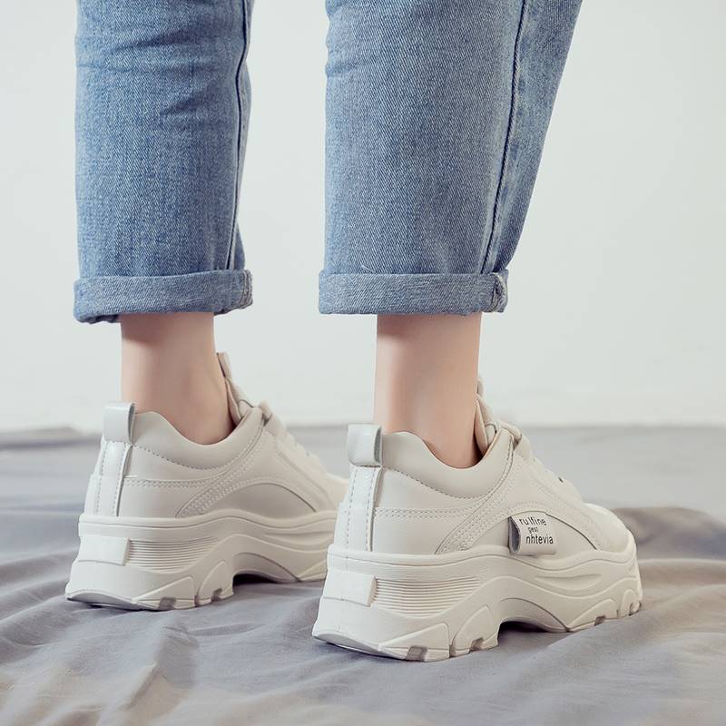 Classical Women Casual Sneakers Lether Elevator Shoes Lace-Up Platform Shoe
