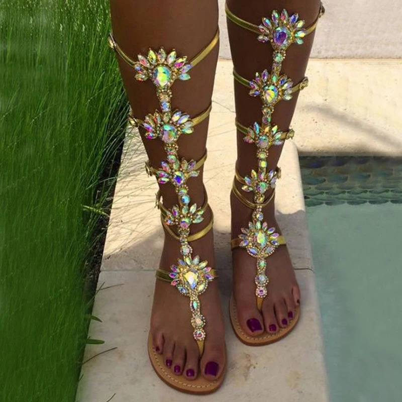 Summer Flats Sandal Gladiator Gold Rhinestone Knee High Buckle Strap Woman Boots Crystal Beach Shoes Large Size Shoes for Women 240619
