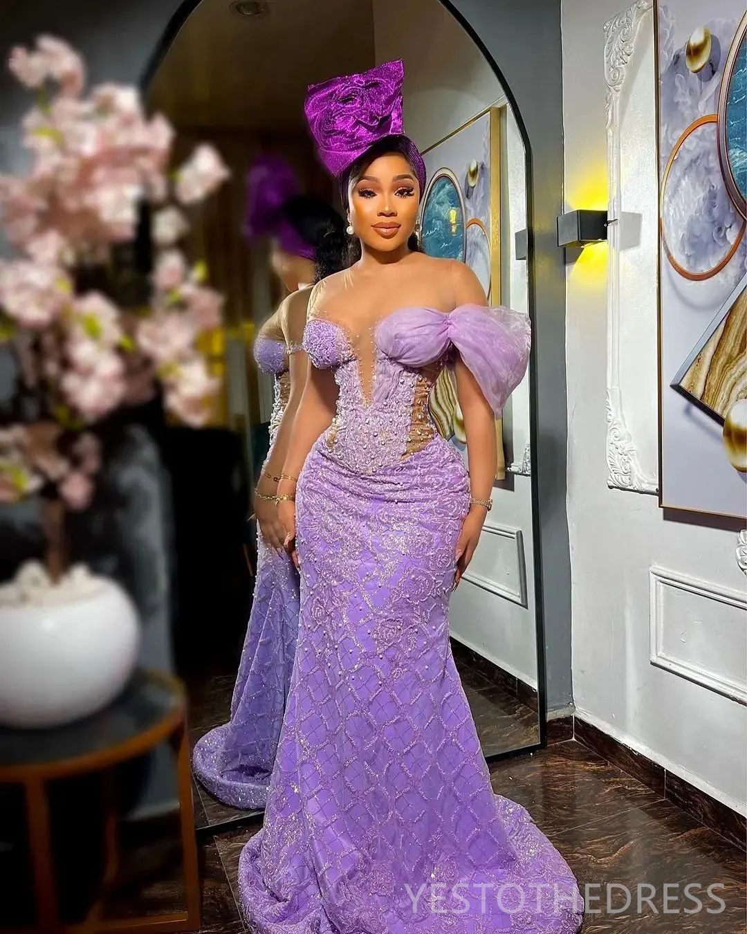 2024 Lavender Prom Dresses for Special Occasions Promdress Evening Formal Gowns Illusion Mermaid Sheer Neck Beads Lace Birthday Dress Second Reception