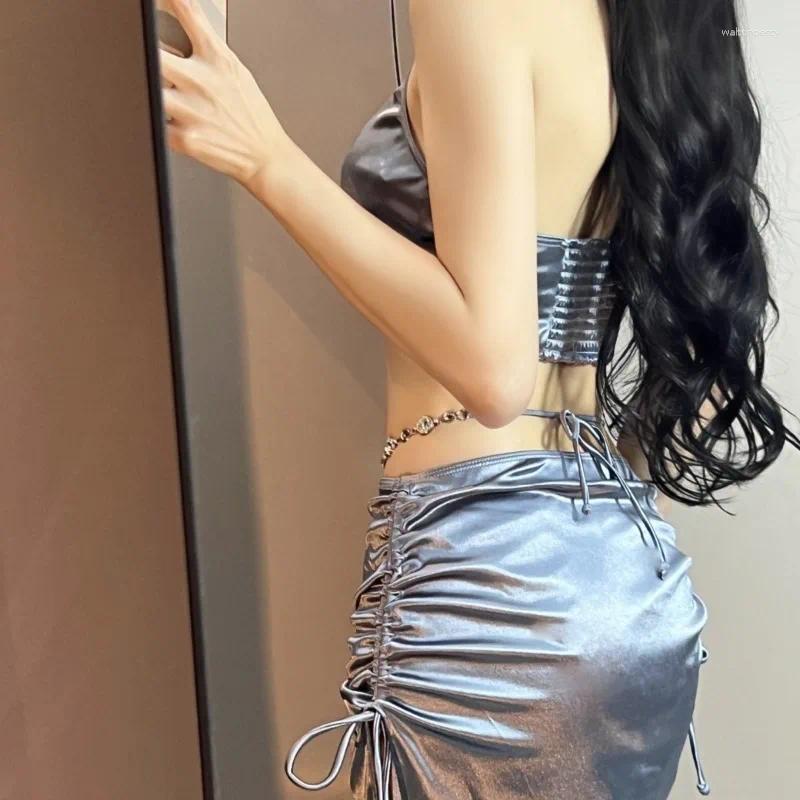 Womens Swimwear Swimsuit Women Three-piece Y2k Sexy Push Up Bikini Set Beach Holiday Silver Halter Bathing Suit With Skirt Cover-up