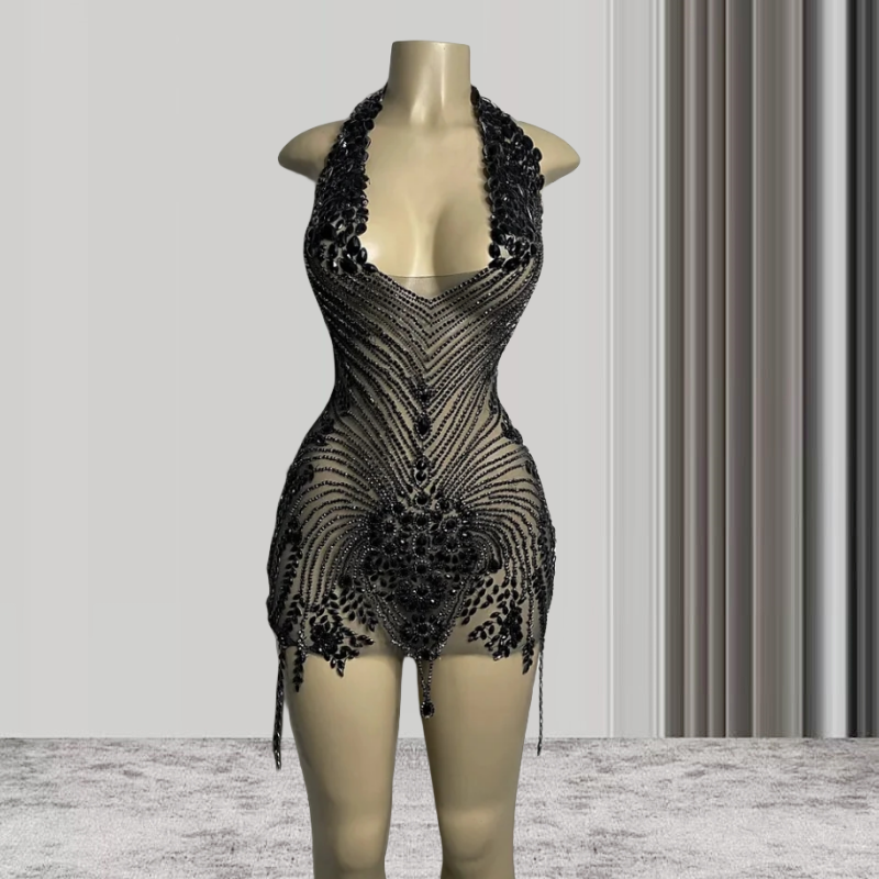 Black Sheer Crystals Short Prom Dresses For Black Girls See Through Luxury African American Cocktail Dresses Birthday Party Homecoming Gowns