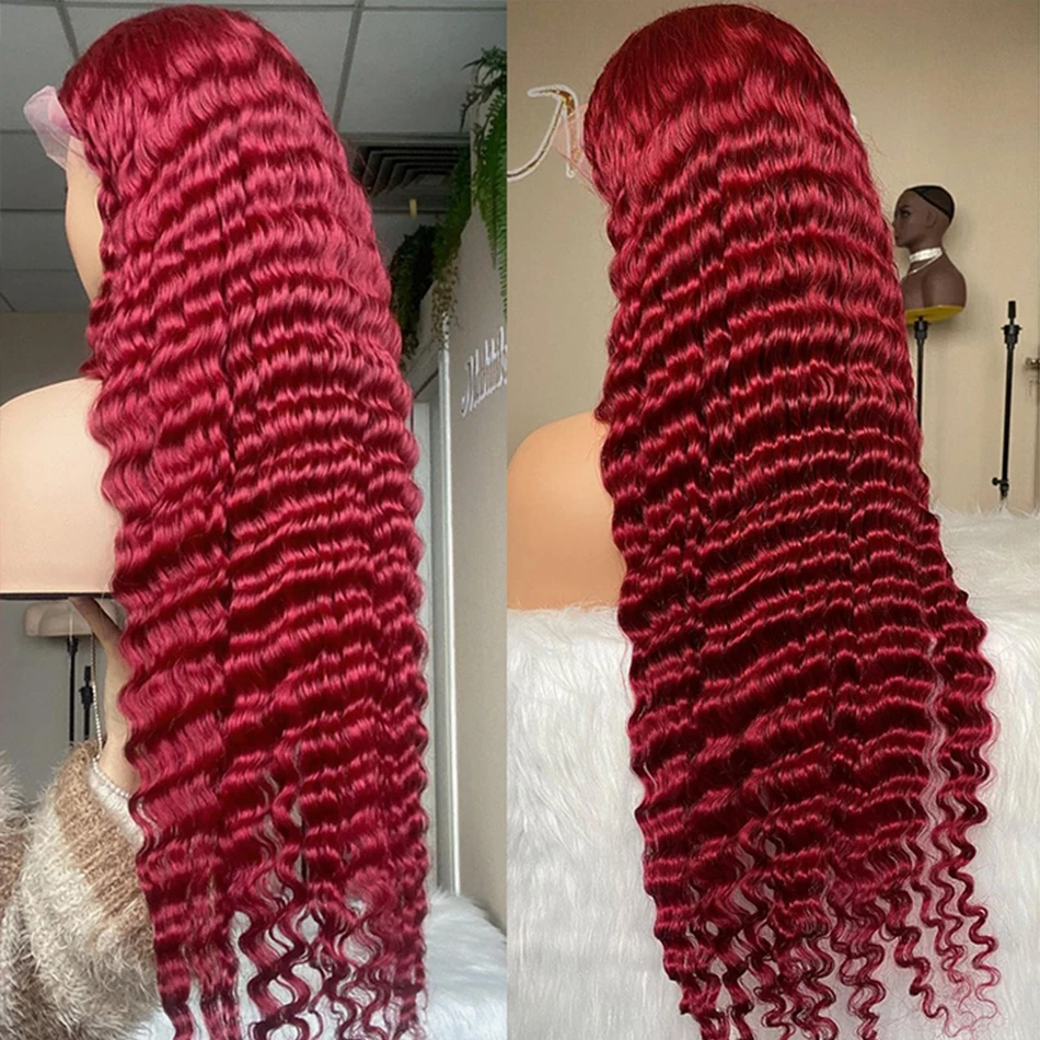 13x4 HD Brazilian 99J Bury Deep Wave Front Human Hair 250 Density Curly 30 40 Inch Synthetic Lace Frontal Wig Red Wine for Women