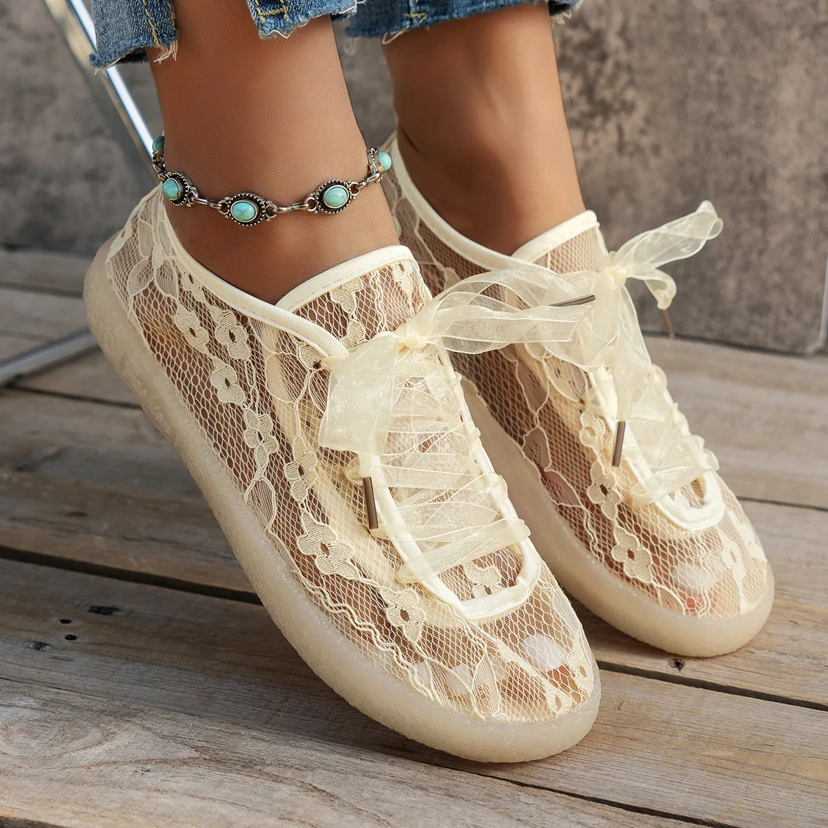 Hollow Breathable Fisherman Shoes for Women Jelly Bottom Flat Bottom Student Lace Mesh Single Shoes for Women 240619