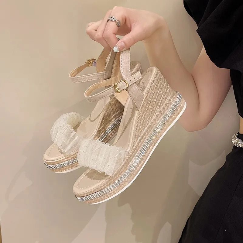 Female Ankle Strap Buckle Roman Sandals Summer Women Platform Beige High Heels Fashion Ladies Clogs Wedges Round Toe Shoes 240619