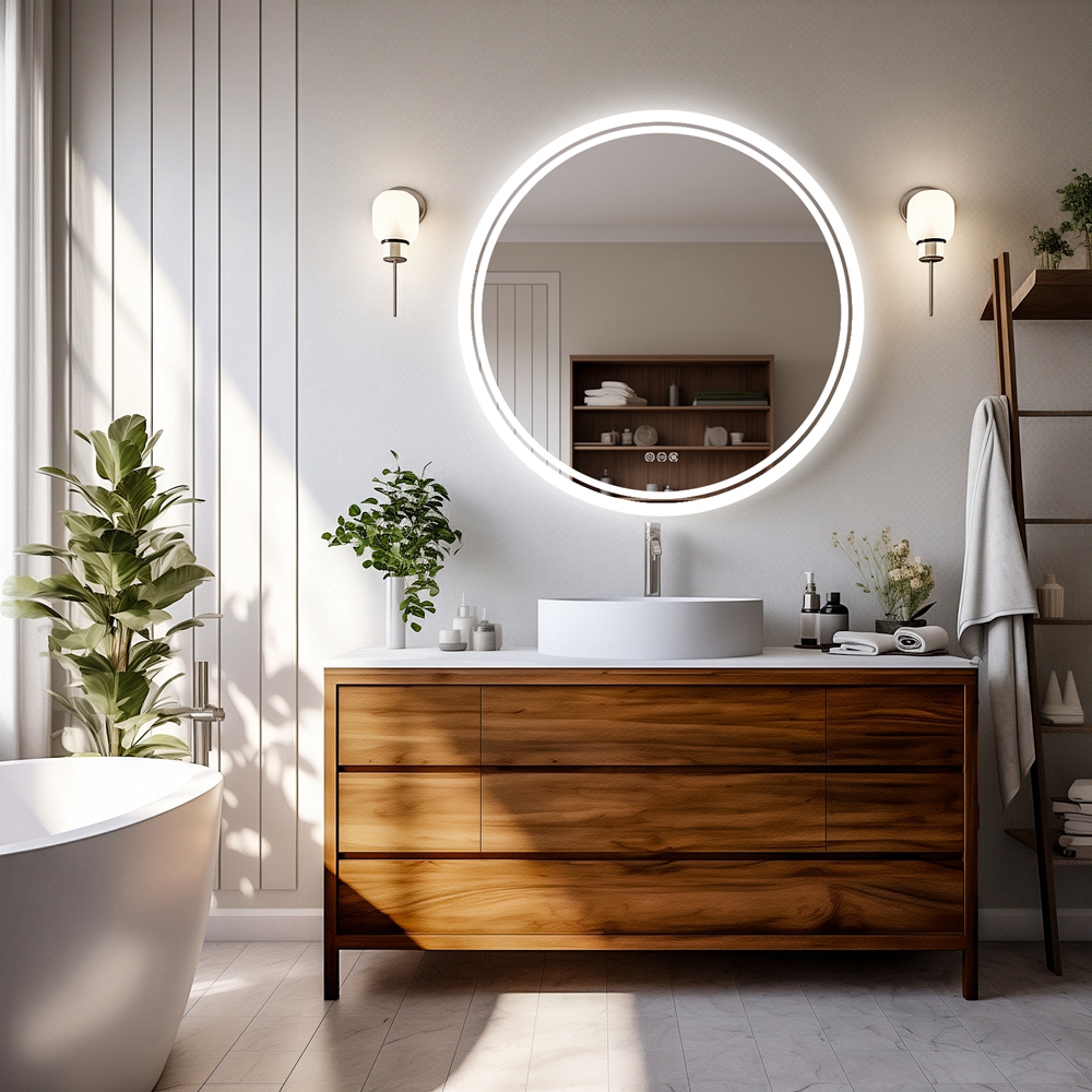 LUVODI 600 x 600 Round Illuminated Bathroom Wall Mirror with Demister Led Lights Dimmable Makeup Mirror for Bathroom Renovation