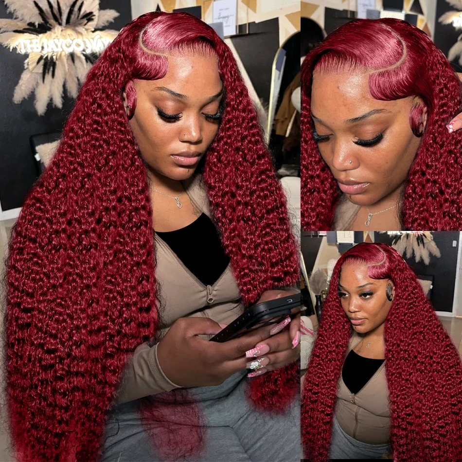 13x4 HD Brazilian 99J Bury Deep Wave Front Human Hair 250 Density Curly 30 40 Inch Synthetic Lace Frontal Wig Red Wine for Women
