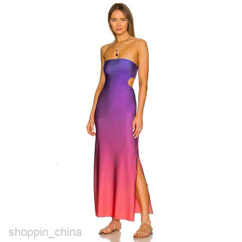 Basic Casual Dresses Combhasaki Womens High Street Casual Cutout Tube Tops Dress Fashion Gradient/Solid Color Off-shoulder Skinny Slit Long Sundress