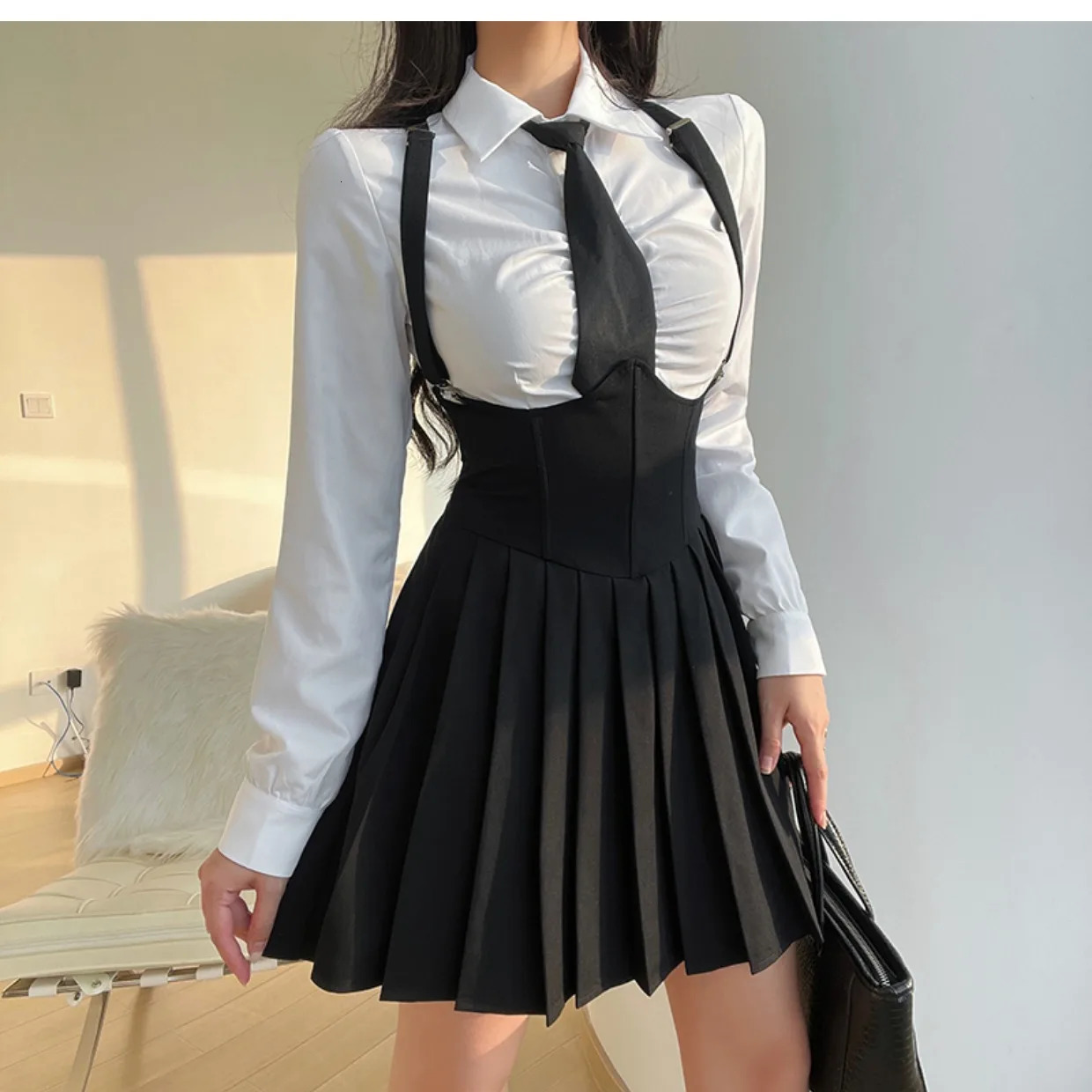 Women Size 4XL Sexy JK Uniform Suit Slim American Sugar Spicy Girls College Style Set Shirt White Strap Pleated Skirt 240617