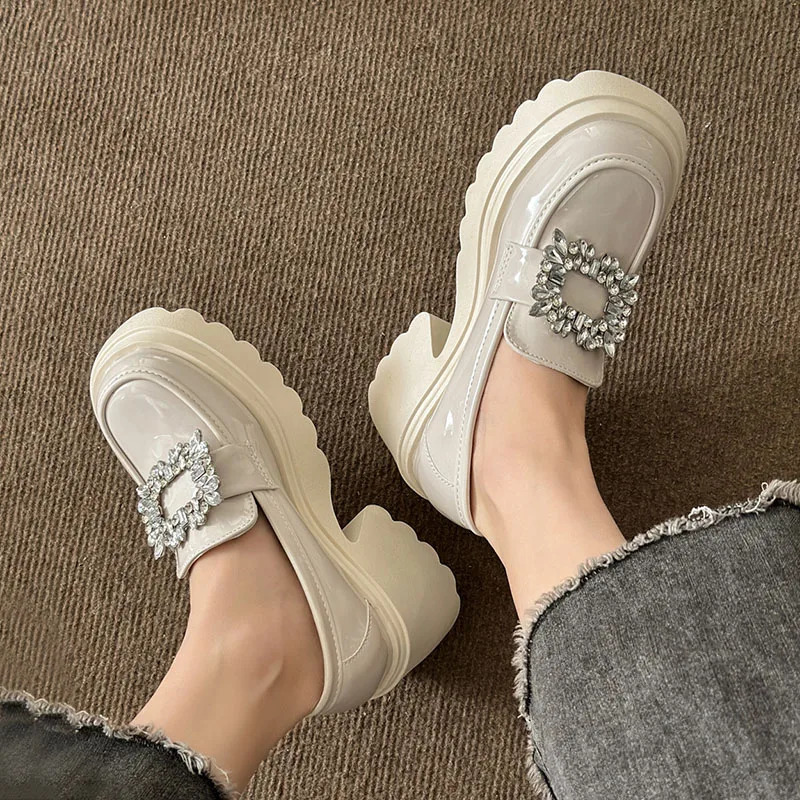 rhinestone Chunky Loafers Women Platform shoes mary janes Casual Leather Slip On Ladies shoes beige Fashion Spring College style 240619