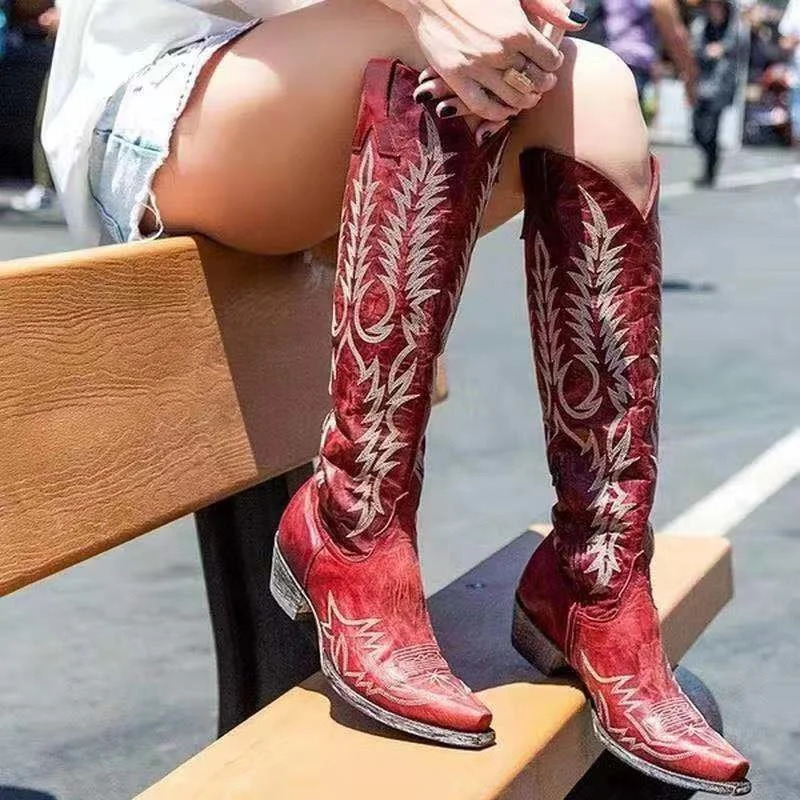 Lanjia Embroidered Cowgirl Shoes Women Slip On Western Knee High Fashion Low Heels Square Toe Cowboy Boots B