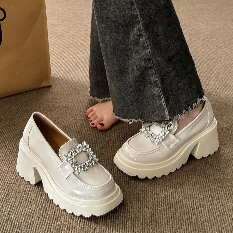 rhinestone Chunky Loafers Women Platform shoes mary janes Casual Leather Slip On Ladies shoes beige Fashion Spring College style 240619