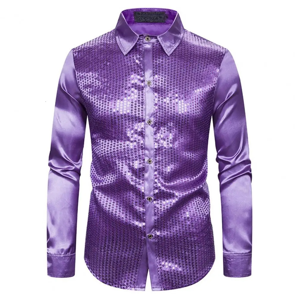 Men Shirt Club Dance Shirt Shiny Sequin Lapel Single-breasted Slim Fit Glossy Long Sleeve Performance Men Top 240615