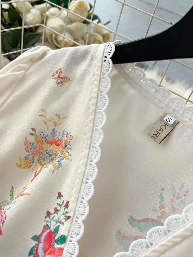 Spring Summer Floral Holiday Maxi Dress Womens Linen V Neck Long Lantern Sleeve Sashes Lace Trims Embroidery Robe Vestidos 240618