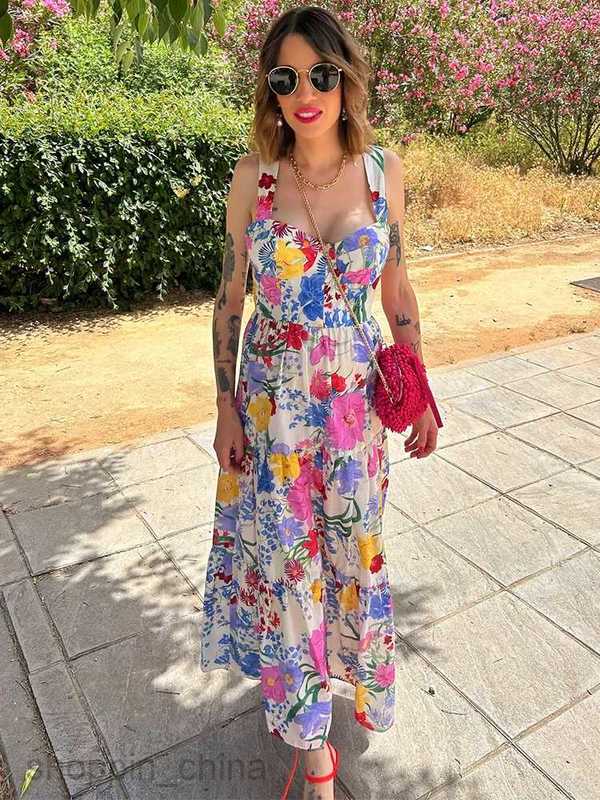 Basic Casual Dresses Fashion Flower Slip Midi Dress For Women Summer Backless Sleeveless Holiday Beach Dress Lady Elegant Sweetheart Collar Partywear