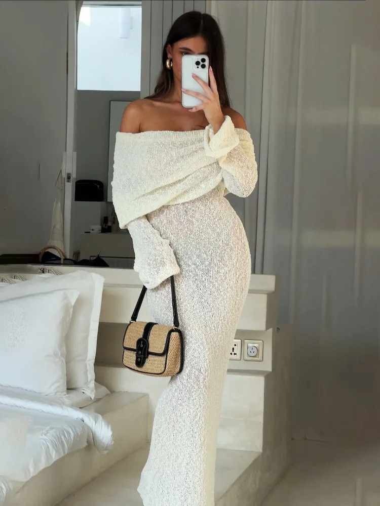 Tossy Knit Hollow Out OffShoulder Maxi Dress Female Cover up SeeThrough Sleeve Holiday Beach Party Dress Women Knitwear Dress 240618