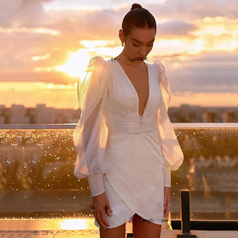 Short Shiny Sequin Dresses V Neck A Line Mini Beach Wedding Dress Long Sleeve Pleated Tulle Above Knee Length Robe De Mariage bove