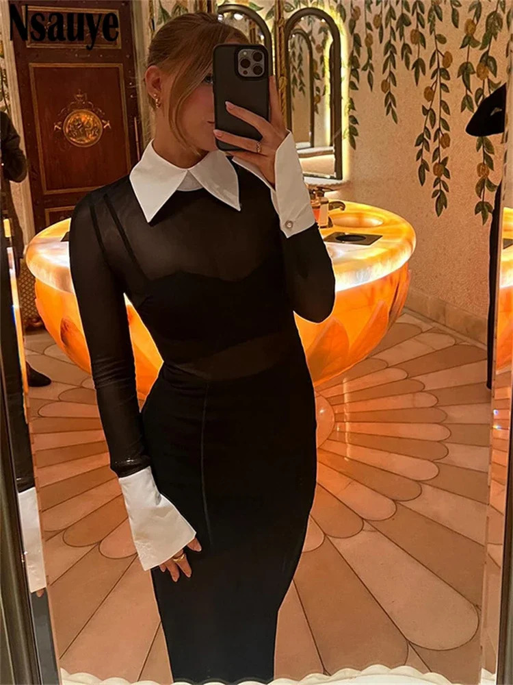 Nsauye Vintage Fashion Elegant Mesh Black Long Sleeve Bodycon Maxi Sexy Evening Dress Chic Party Club Blouse Dress 240618