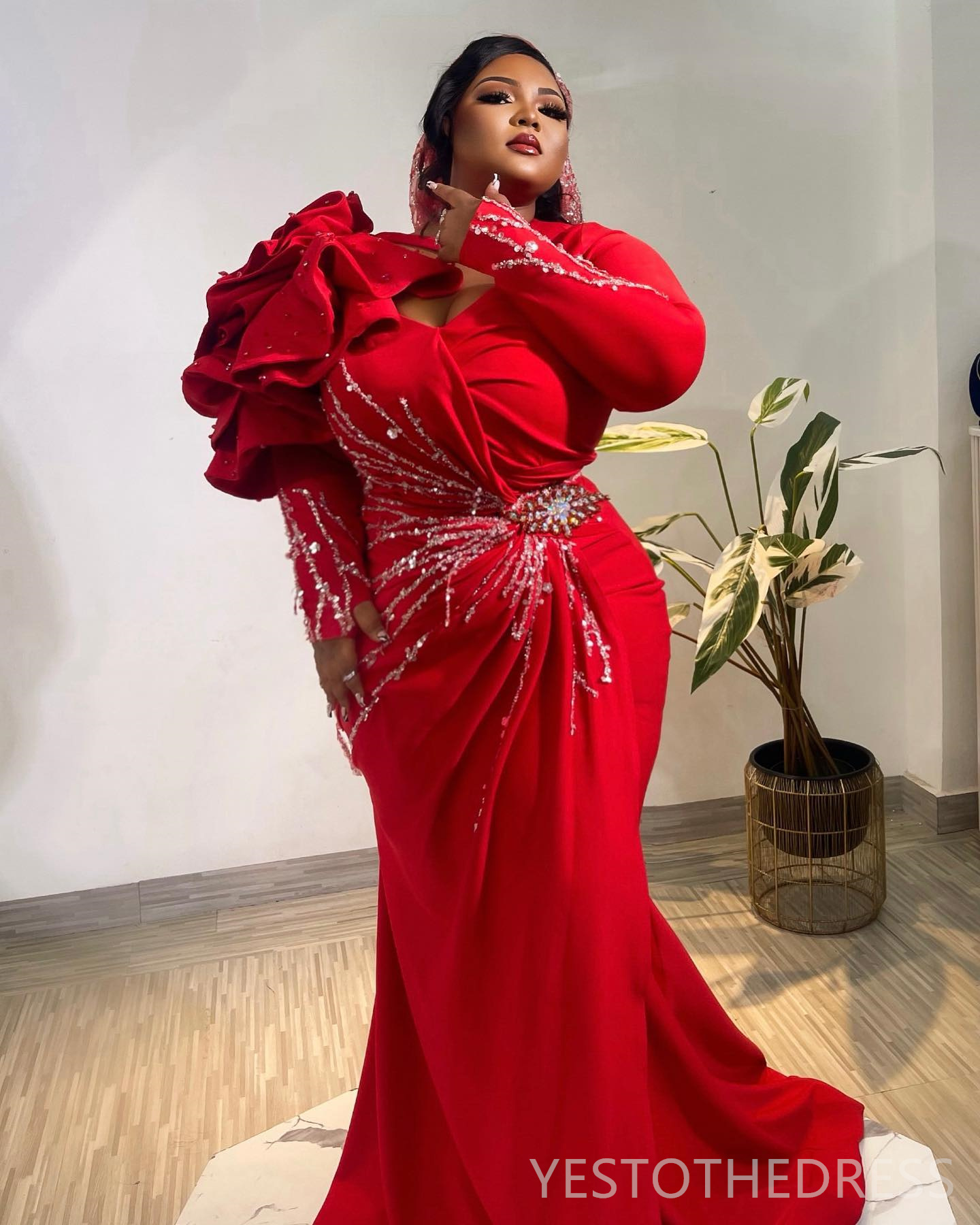 2024 Plus Size Red Prom Dress Mermaid Promdress Evening Formal Gowns Long Sleeves Beaded Sequined Crystals Decorated Birthday Dress Second Reception G