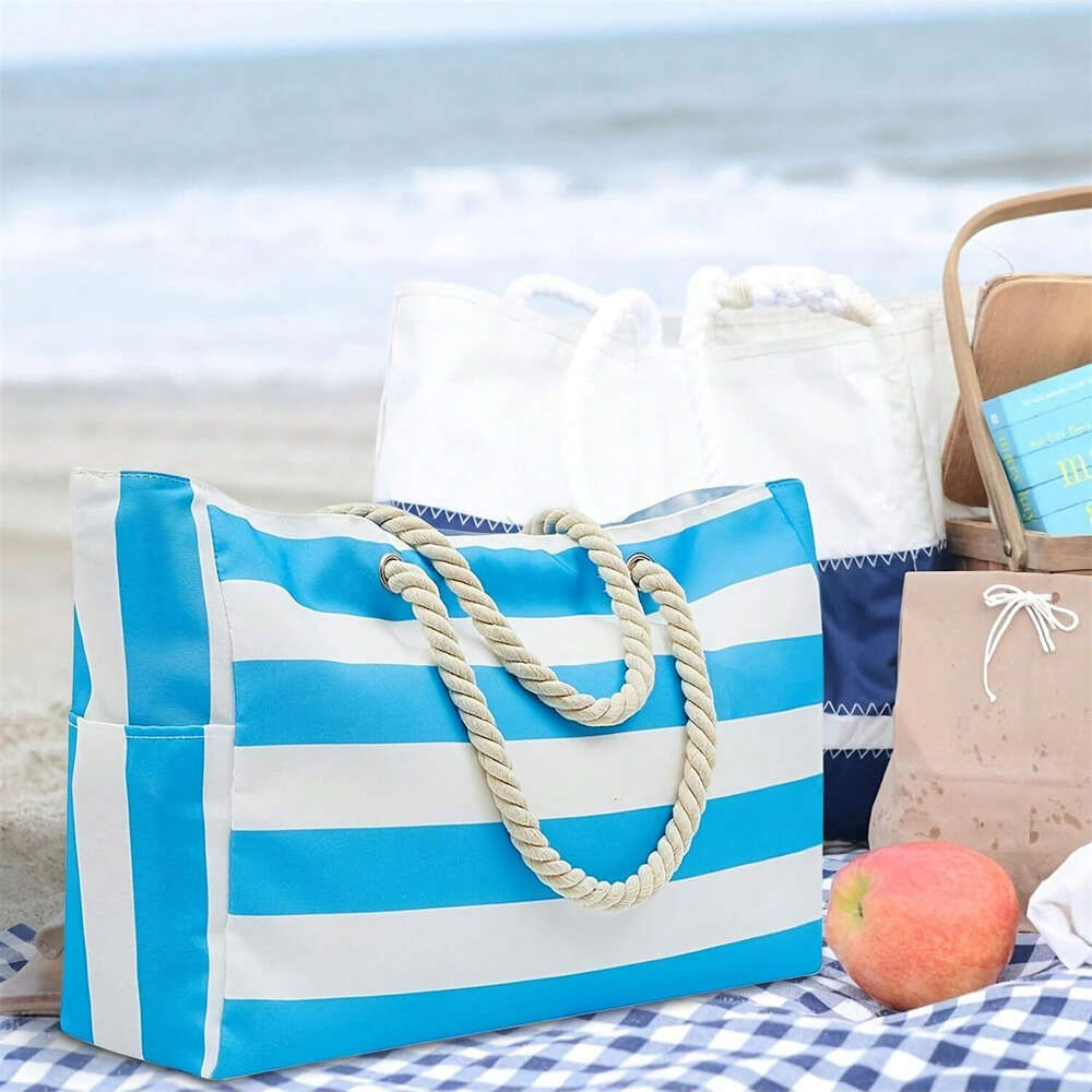 Striped Canvas Summer Beach Large Capacity Shopping Bag, Fashion Tote Bag For Travel,Ideal for Beach, Travel, & Camping H6.19#21.9 ddmy e2c0