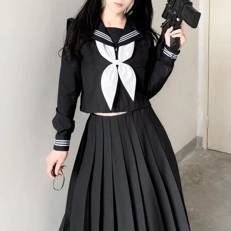 Japanese School Uniforms Style Student Girls Navy Costume Women Sexy Black JK Long Dress Suit Sailor Blouse Pleated Skirt Set 240617