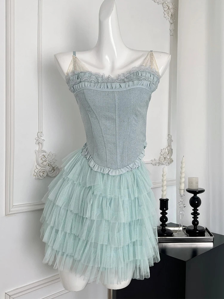 Summer Women Ballet Core Party Rave Birthday Vacation Vintage Suit Coquette Gyaru Outfits 2 Piece Set Camisole Mesh Mini Skirt 240619