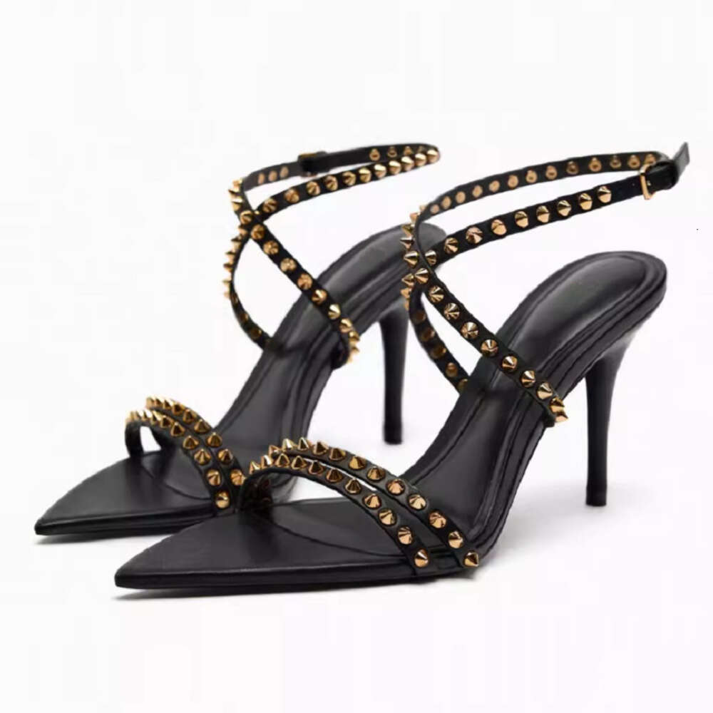 European And American Summer Versatile Slim High Heeled Pointed Shoes, Women's Fashionable Rivet Cross Buckle Sandals
