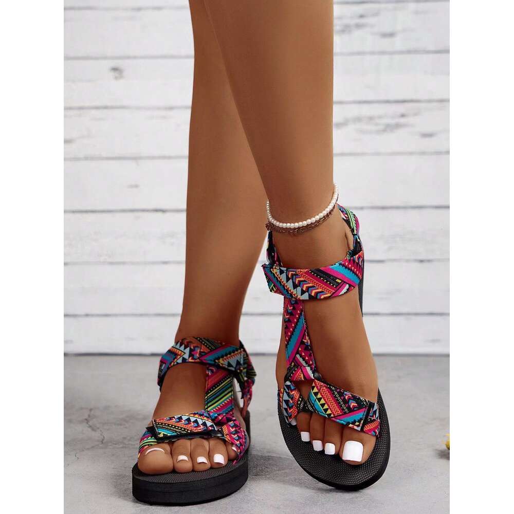 Oversized Women S Printed Flat Spring Summer New Thin Soled Ethnic Style Velcro Beach Sandals Ddmysaturn