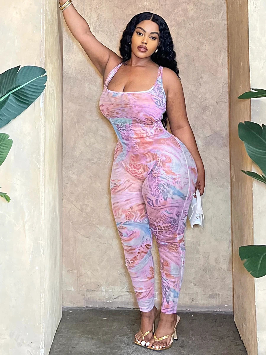 LW Plus Size SXY Mixed Print Skinny Cami Jumpsuit Women Spring Summer Casual Gauze Clear U Neck All Over Print One Piece Outfit 240618