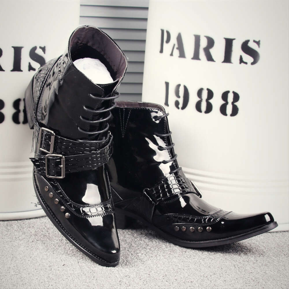 Men Pointed Martin S Lacquer Leather Punk Rivet Korean Edition Cowboy Short Barrel Lace Up Trendy Boots Ddmysaturn
