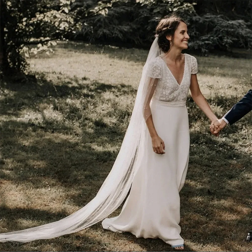 Simple Beach Country Style A Line Wedding Dresses For Bride V Neck Short Sleeves Satin Lace Bridal Gowns Boho Bohemian Sweep Train