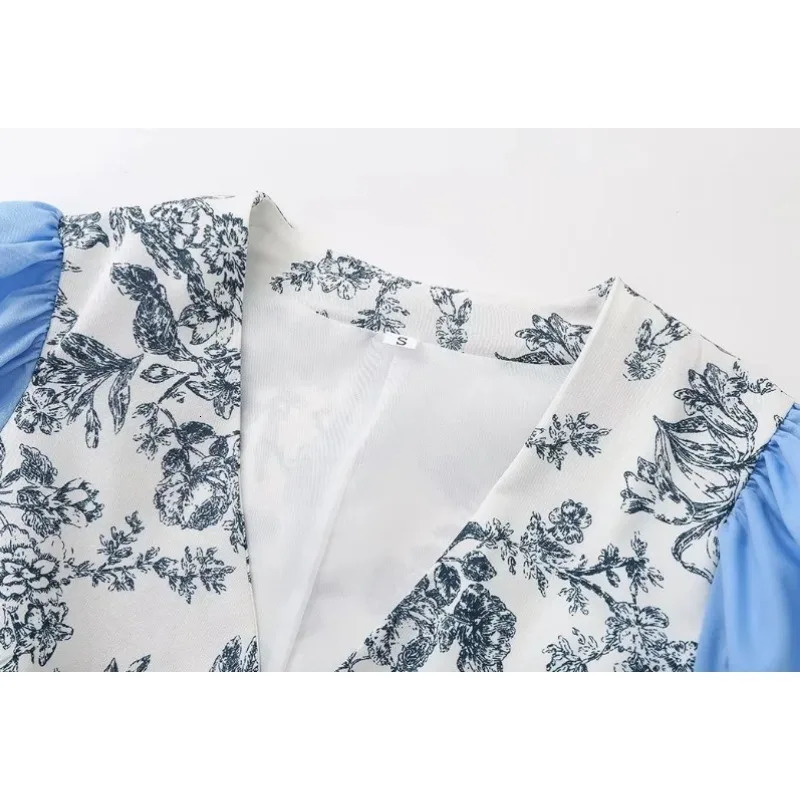 Women Floral Printed Lantern Sleeves Patchwork Shirt Casual Sex V Neck Jacket Clothing With Knot Button Spring Summer 240617