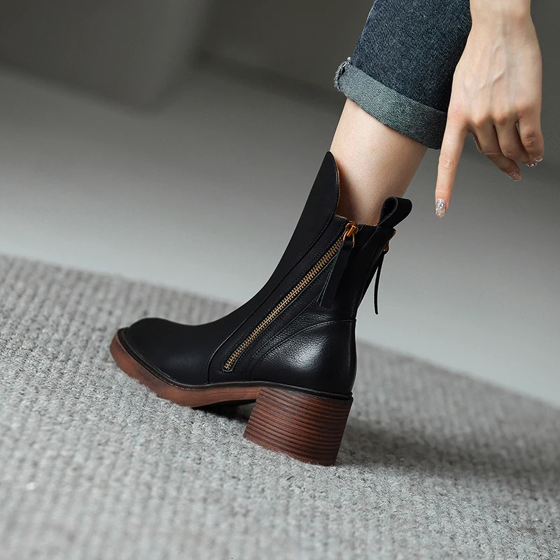 Autumn Winter Women Shoes Leather Short Boots for Women Round Toe Chunky Heel Boots Zipper Ankle Boots Female Platform Heel 240620