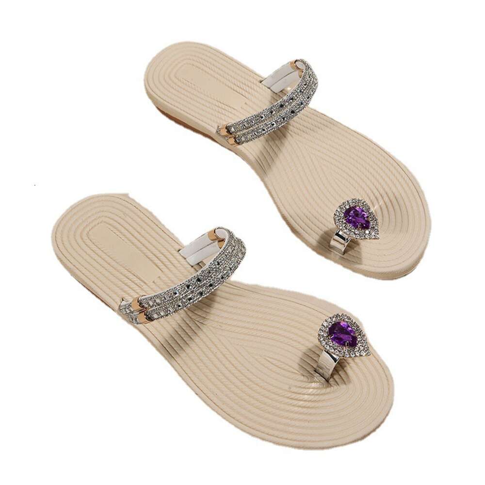 Toe Slippers Clamping For Women In Summer New Two Wear Beach Sandals Rhinestone Soft Sole Flat Ddmysaturn