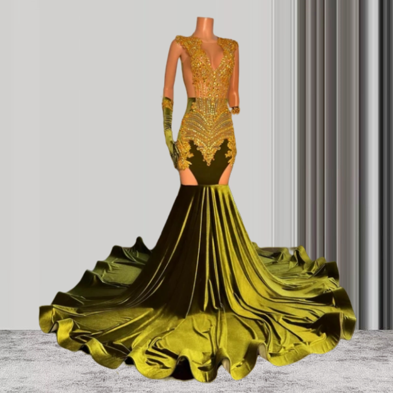 Green Velvet Women Sexy Long Prom Dresses For Black Girls Mermaid Sheer Luxury Diamond African American Prom Gowns Evening Gala Party Dresses