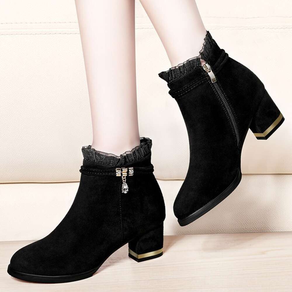 And Winter Autumn Oversized Women S Shoes Fashionable Velvet Lining With Diamond Lace Edge Thick Heel Versatile Boots Korean Version Fashion Ddmysatur