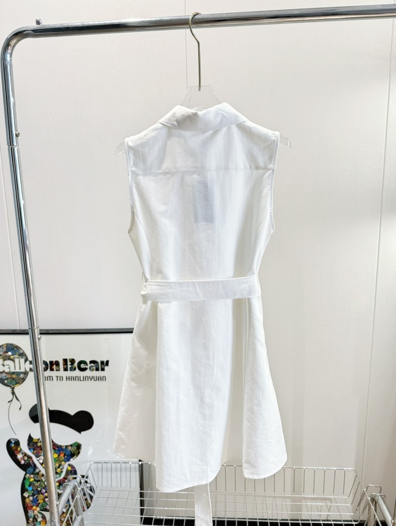 Designer Sleeveless Slimming Belt Casual Summer Shirtdress Vest White Dress Preppy Embroidery Oxford Cloth Cotton Lace Up Dress.