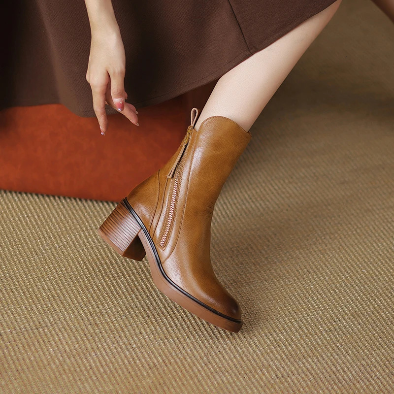 Autumn Winter Women Shoes Leather Short Boots for Women Round Toe Chunky Heel Boots Zipper Ankle Boots Female Platform Heel 240620