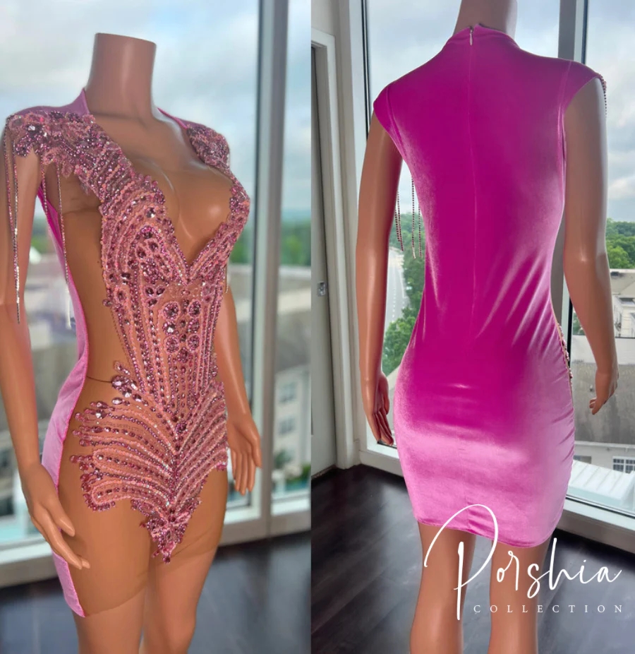 Sexy Sheer Pink Crystals Short Prom Dresses For Black Girls See Through African American Cocktail Dresses Birthday Party Homecoming Gowns