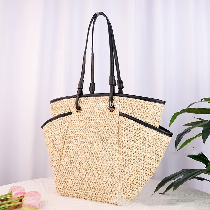 High quality women's designer Instagram versatile and fashionable large capacity grass woven bag single shoulder paper rope woven bag casual phoe