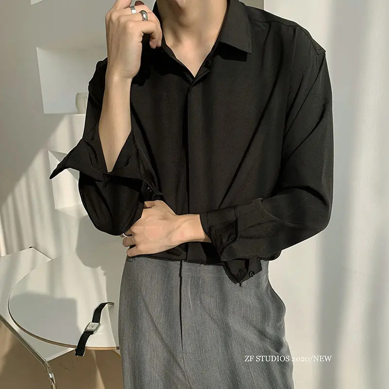 Casual White Shirt for Men Solid Color Ice Silk Long Sleeve Shirt Harajuku Loose Top Quality Drape White Japanese Streetwear 240615