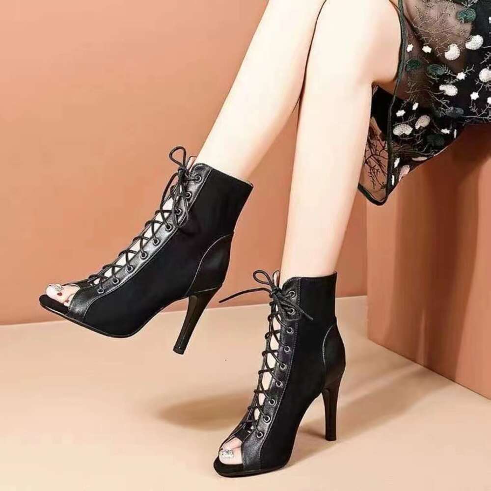 Slim Large Size High Heels Mesh Hollow Sexy Sandals Fashionable Lace Up Fabric Fish Mouth Cool Boots Ddmysaturn