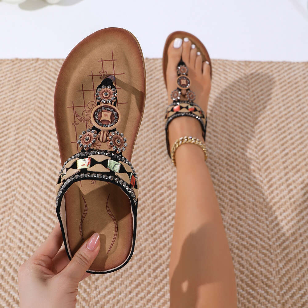 Women Bohemian Style S Shoes Summer Fashion Beach Flat Bottomed Slippers Beaded Sandals Ddmysaturn