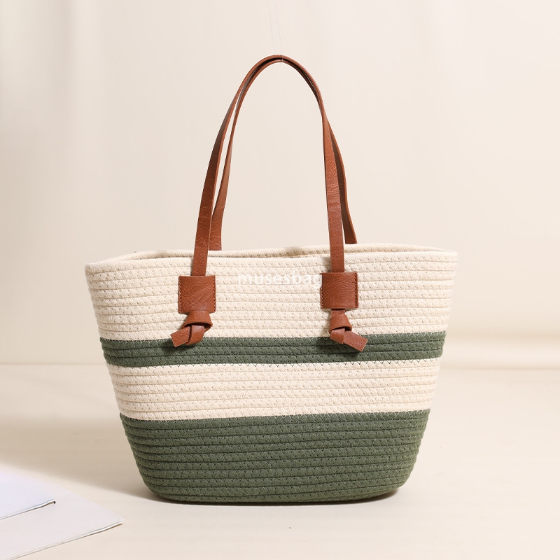 High end women's designer minimalist single shoulder cotton woven bag new large capacity and lightweight tote grass woven bag vacation style beac